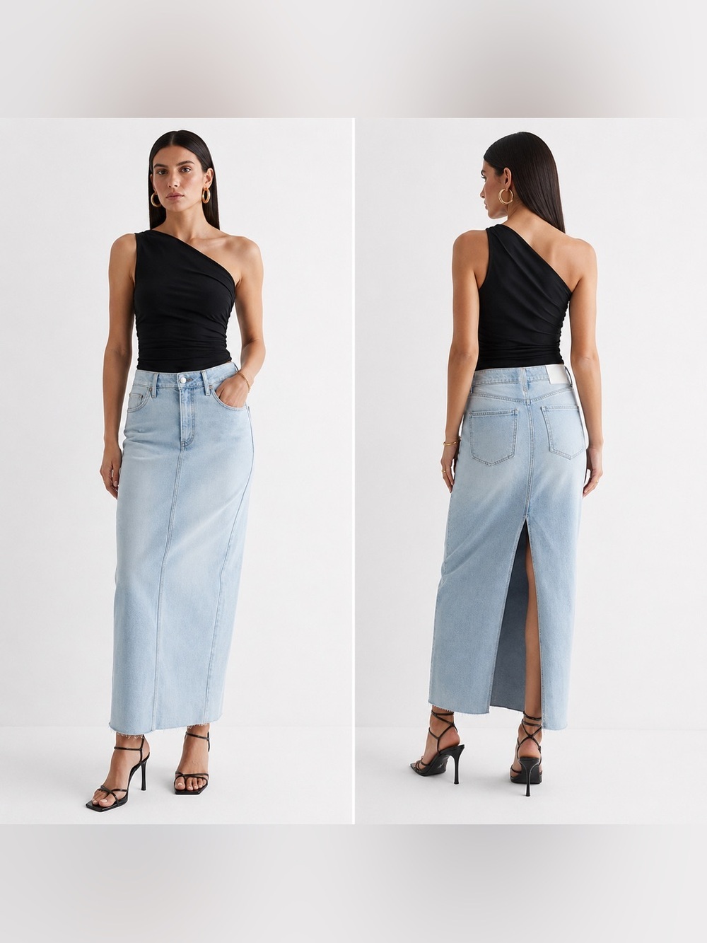 Express Skirt Womens 8 High Rise Raw Hem Denim Maxi Back Slit